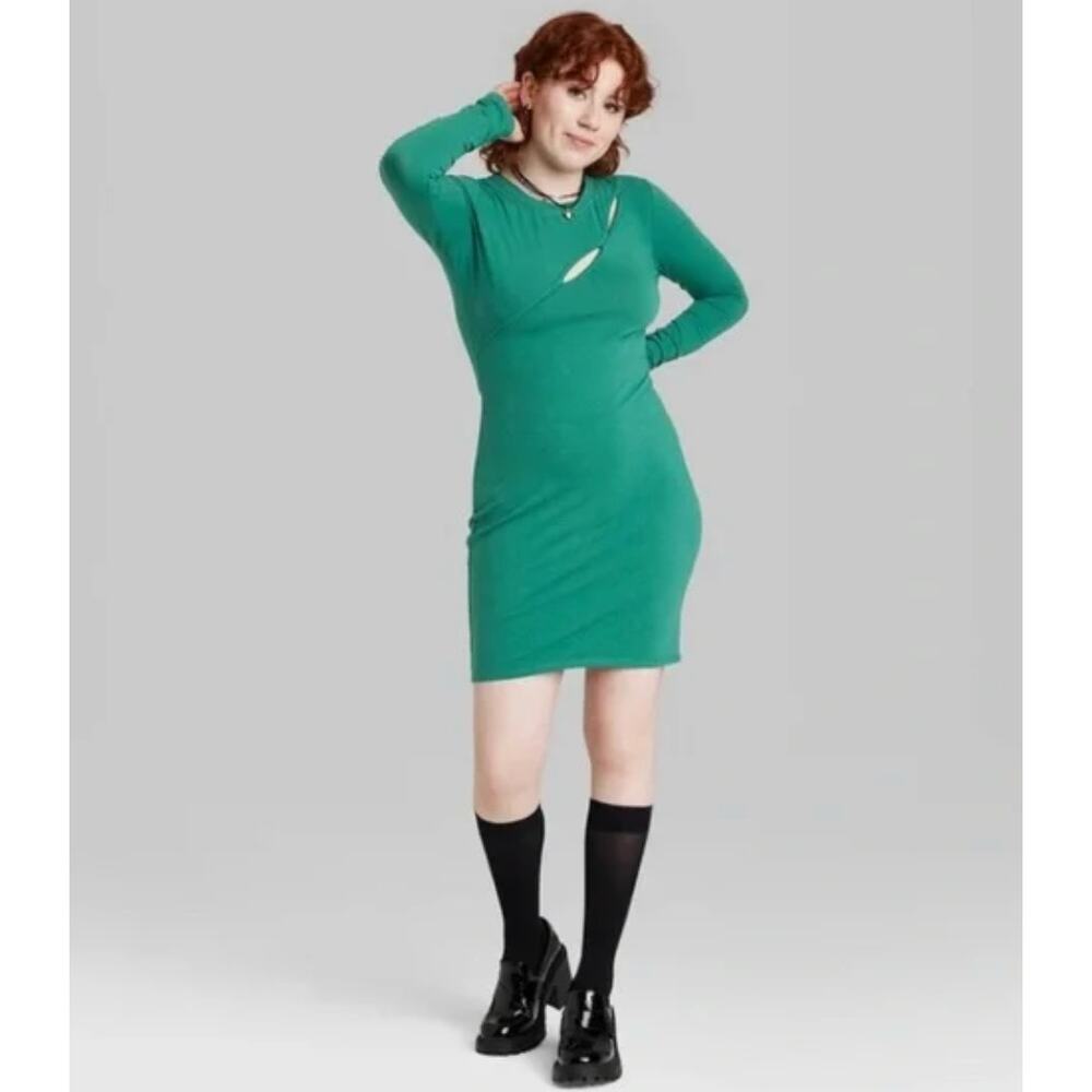 2/$15 NWT Wild Fable Cut Out Long Sleeve Dress Dark Teal Green Size L